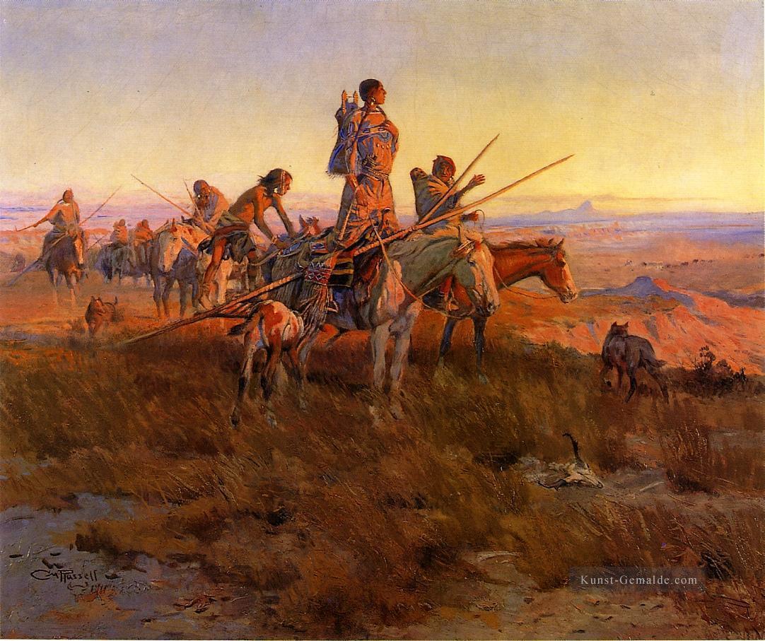 Im Zuge der Buffalo Hunters Indianer Charles Marion Russell Indianer Ölgemälde